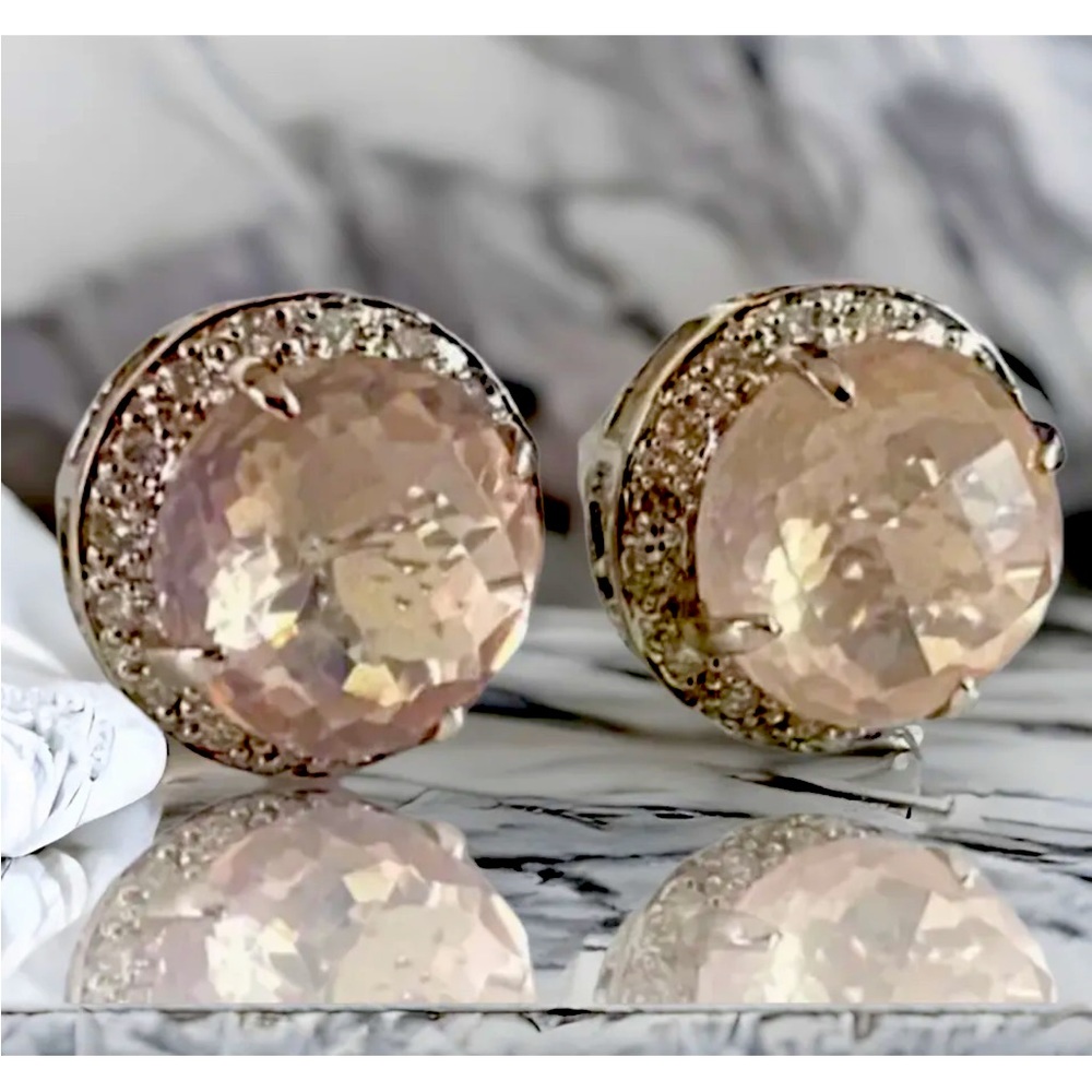 EXQUISITE Estate 18k White Gold 12.64 CTW Checkerboard Rose Quartz Halo Earrings